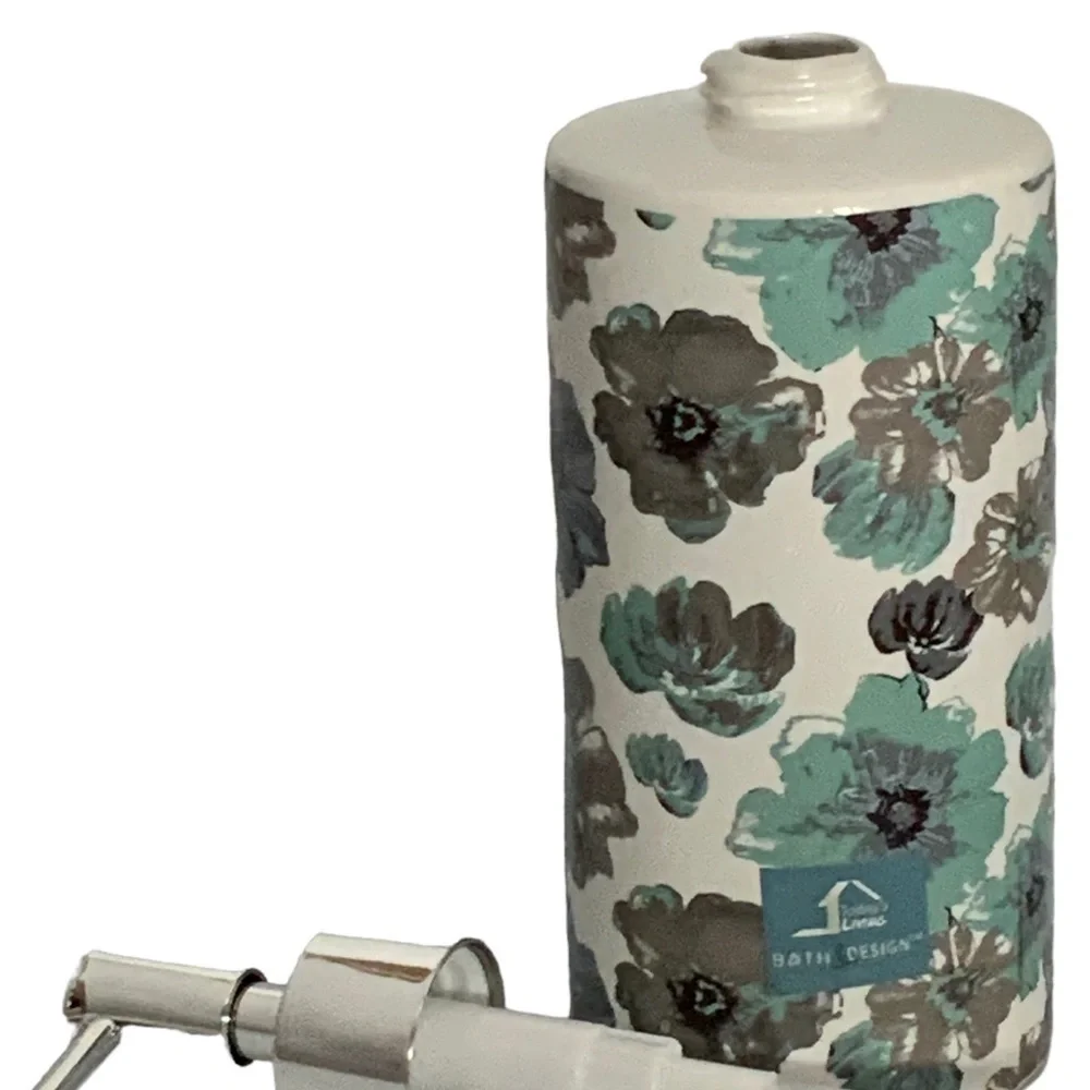 Sunburst Blue Grey Moth Clay Floral Ceramic Soap Lotion Dispenser 16 Oz